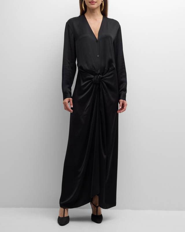 V-Neck Long-Sleeve Satin Knotted Maxi Dress
