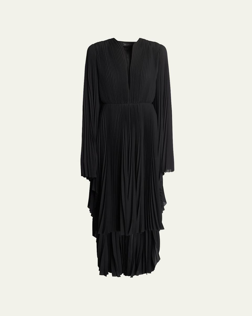 Plunge Pleated Midi Dress with Cape Back