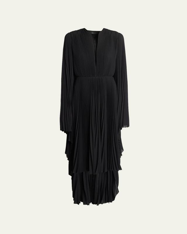 Plunge Pleated Midi Dress with Cape Back