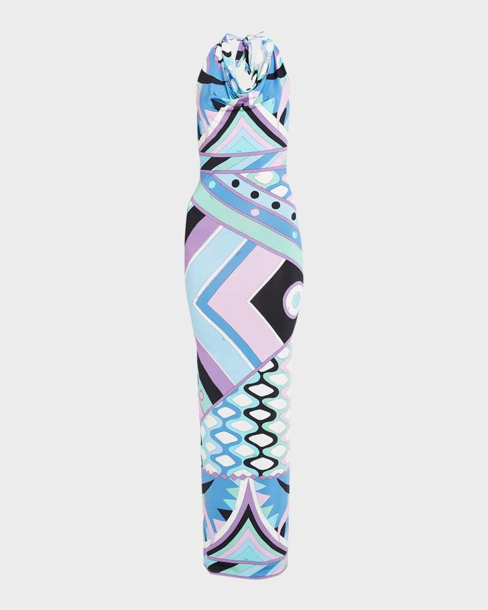 Abstract-Print Backless Halter Maxi Dress