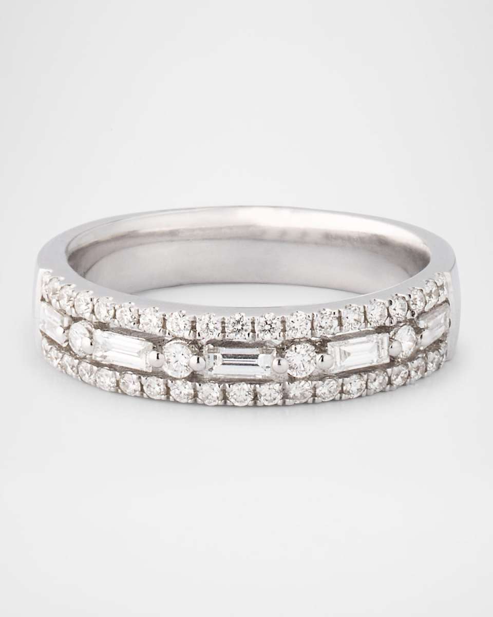Diamond Game 18K White Gold Baguette & Round Triple Row Band Ring, Size 6