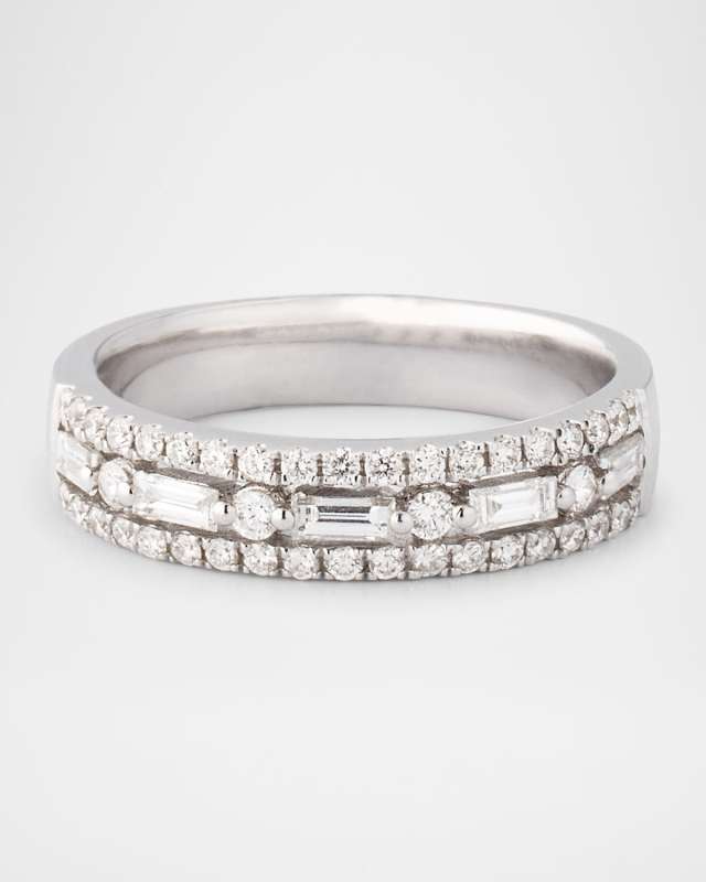 Diamond Game 18K White Gold Baguette & Round Triple Row Band Ring, Size 6