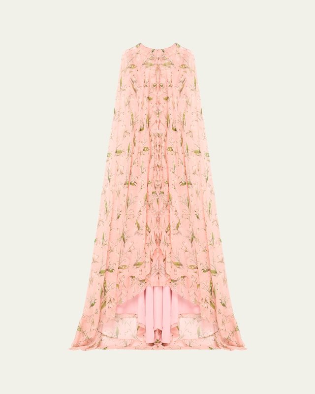 Plunging Floral-Print Ruffle Cape Gown