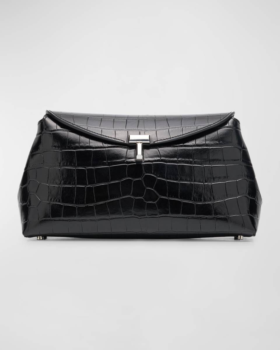 T-Lock Croc-Embossed Leather Clutch Bag