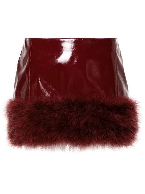 feather-appliqué patent mini skirt