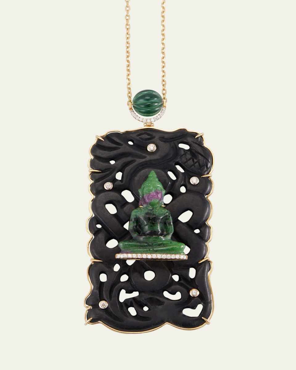 18K Yellow Gold Buddha Necklace with Diamonds and Jade