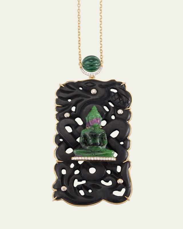18K Yellow Gold Buddha Necklace with Diamonds and Jade