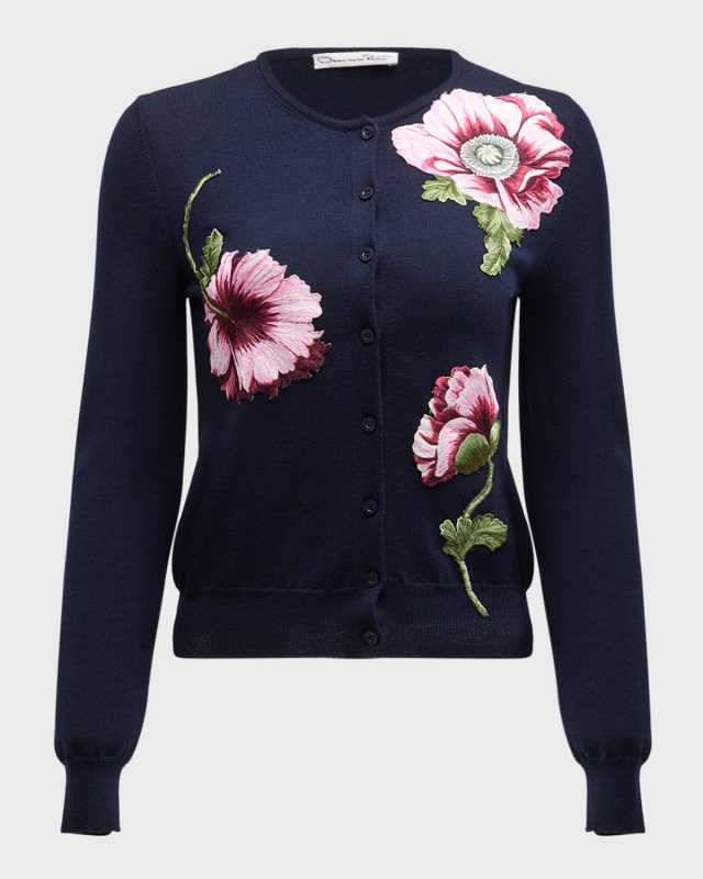 Wool Knit Cardigan with Threadwork Embroidered Poppies