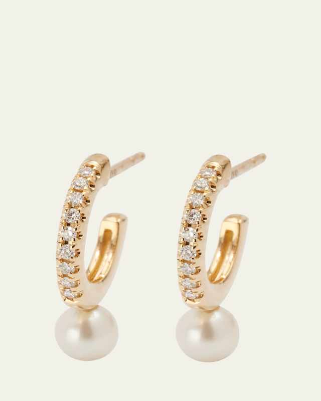 14k Gold and Diamond Small Hoop Earrings with Pearls