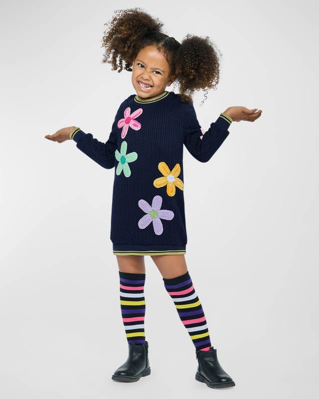Girl's Knit Sweater Dress W/ Crotchet Flowers, Size 4-