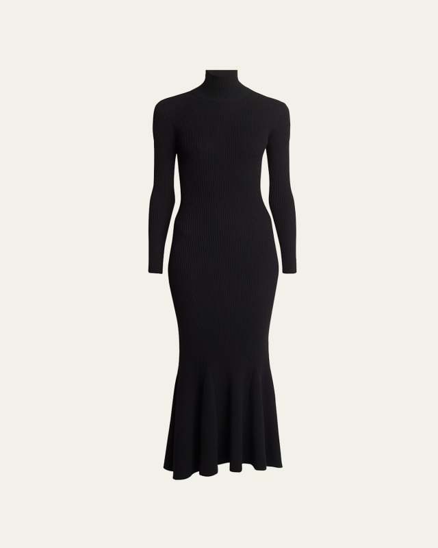 High-Neck Ribbed Cashmere Wool Flounce Dress