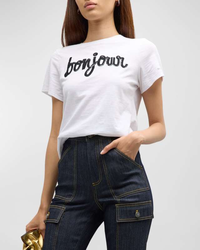 Bonjour Fringe Embroidered Shrunken T-Shirt