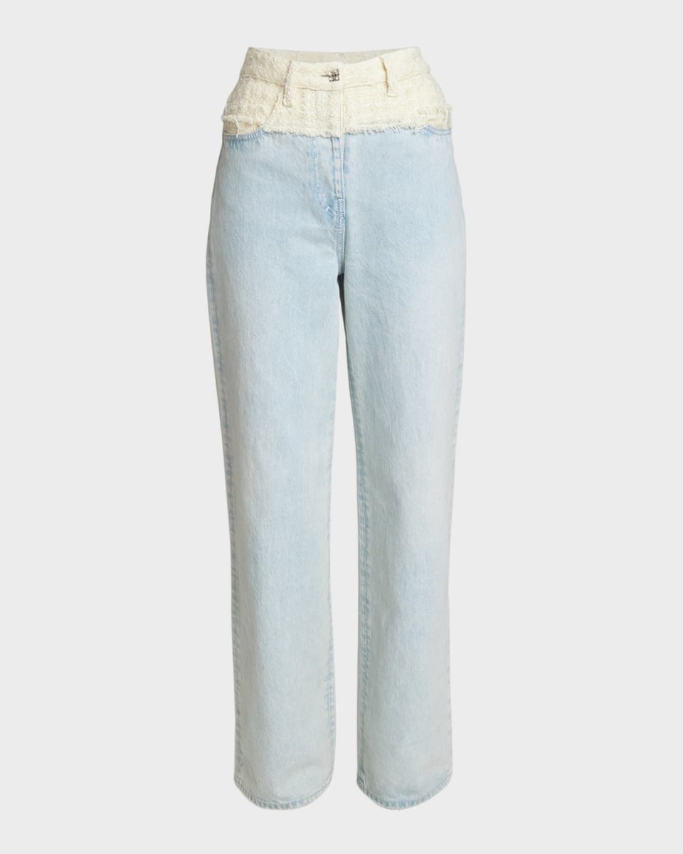 Mixed-Media Tweed Denim Straight-Leg Jeans