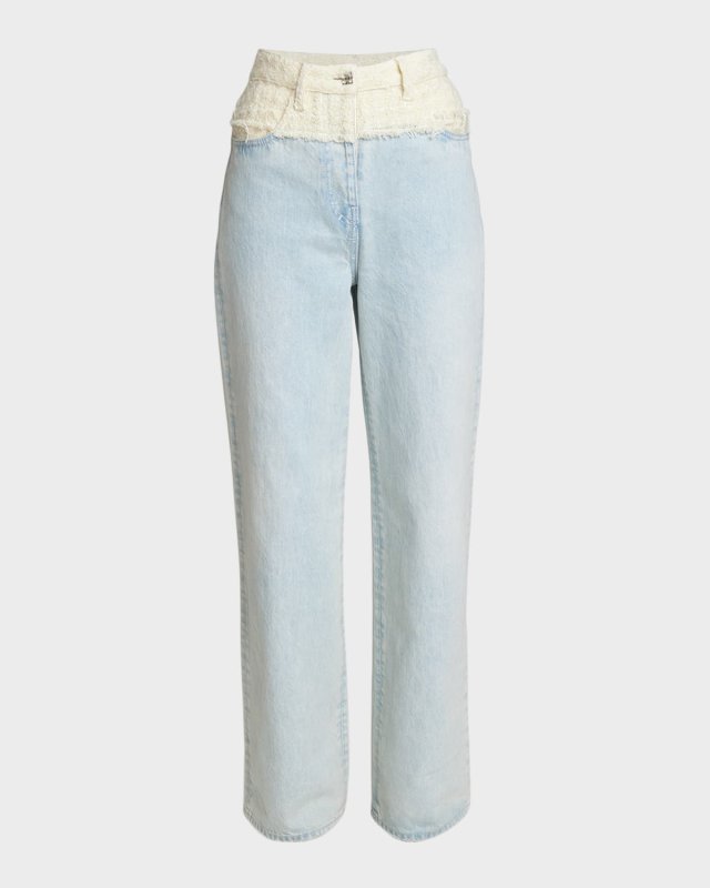 Mixed-Media Tweed Denim Straight-Leg Jeans