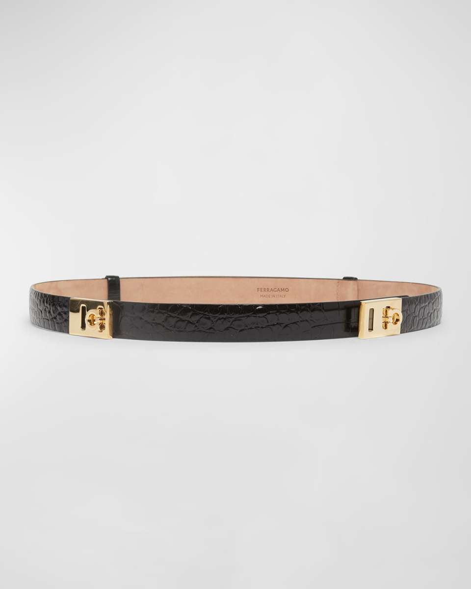 Double Gancini Croc-Embossed Leather Belt
