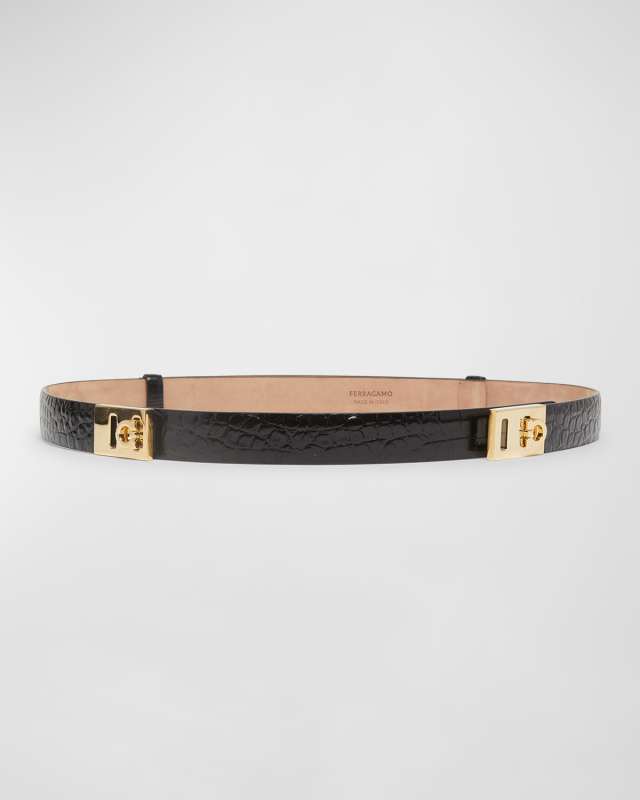 Double Gancini Croc-Embossed Leather Belt