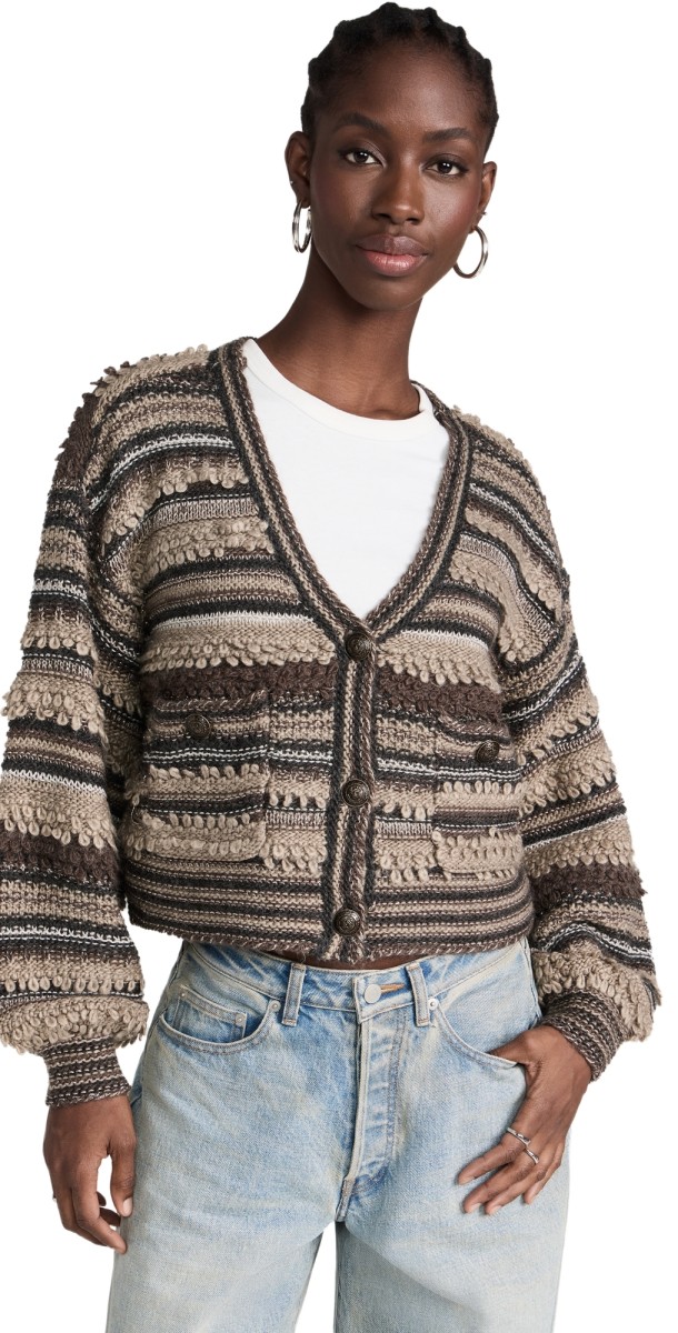 L'AGENCE Harriet Blouson Sleeve Cardigan Brown Multi