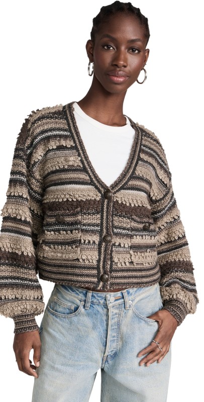 L'AGENCE Harriet Blouson Sleeve Cardigan Brown Multi