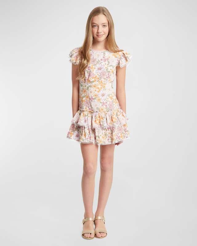 Girl's Ambrosia Embroidered Open-Back Tiered Floral Mini Dress, Size 8-14