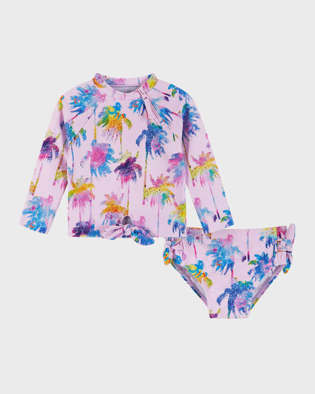 Girl's Graphic Palm Tree Printed Rashguard Set, Size Newbor