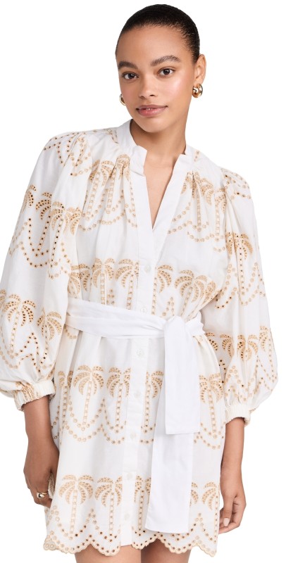 SUNDRESS Inaya Dress Eyelet White And Gold Palmtree