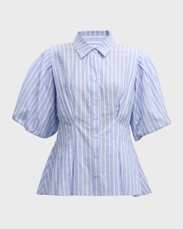 Julie Blouson-Sleeve Striped Cotton Dobby Shirt