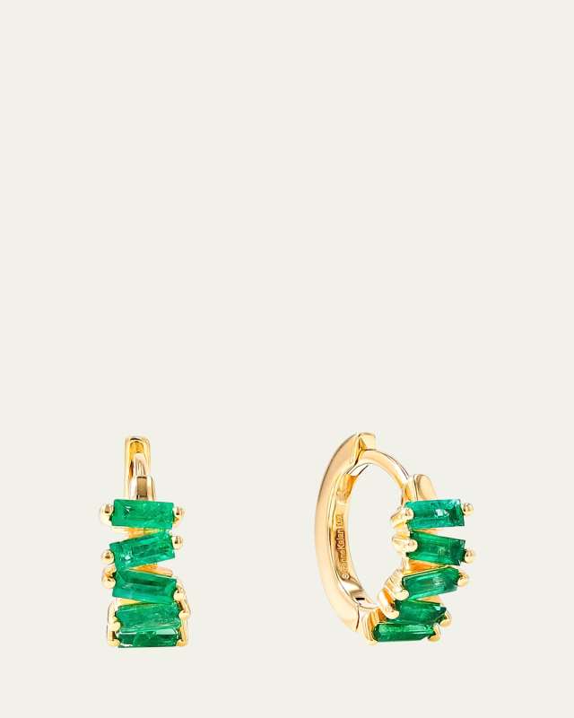 18K Yellow Gold Emerald Huggie Earrings, 12mm