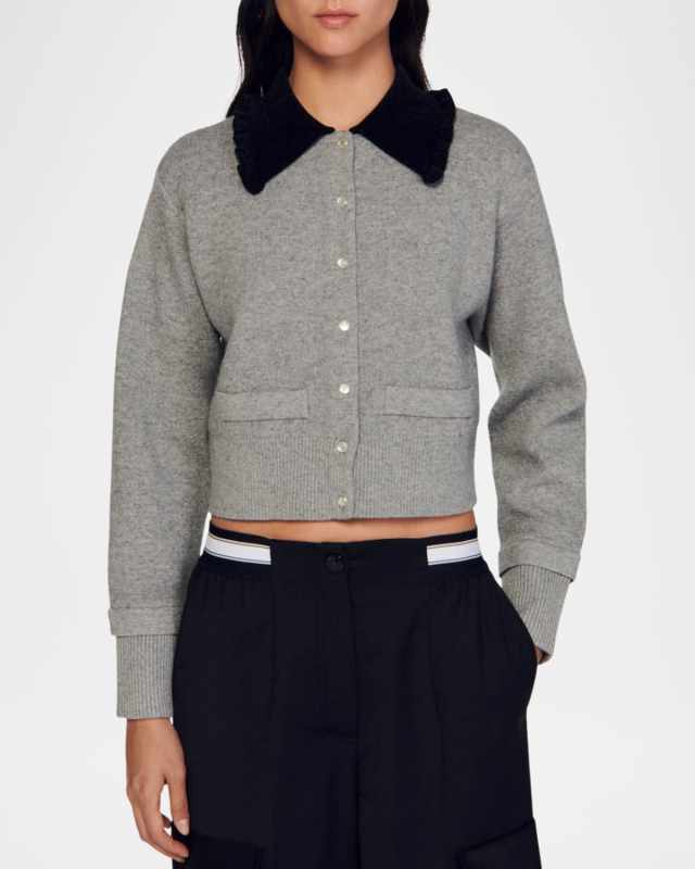 Etienne Velvet Collar Wool Crop Cardigan
