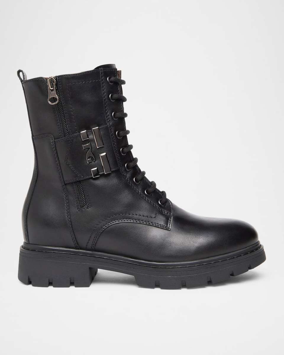 Leather Logo Cuff Combat Booties