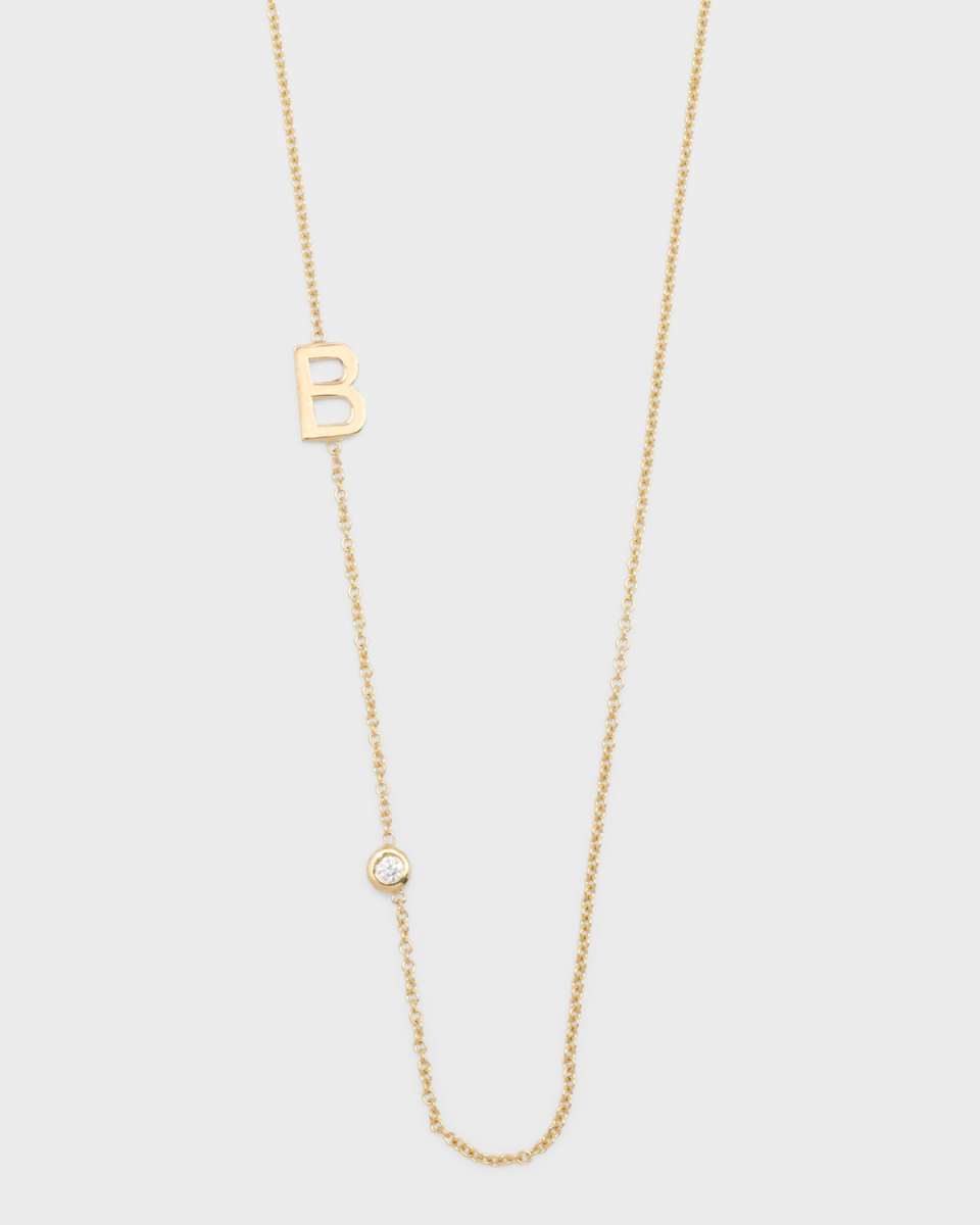 14K Gold Asymmetrical Initial and Bezel Diamond Necklace, 16-18"L
