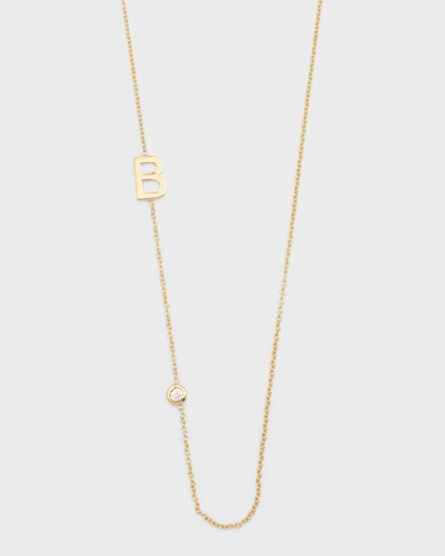 14K Gold Asymmetrical Initial and Bezel Diamond Necklace, 16-18"L