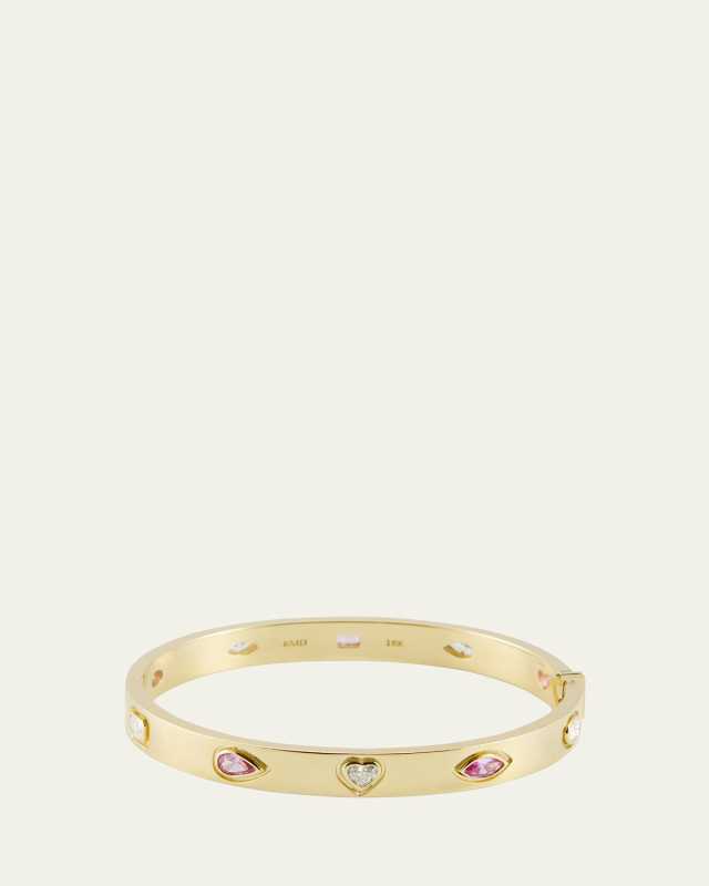 18k Gold Oval Bangle With Pink Sapphire and Diamonds
