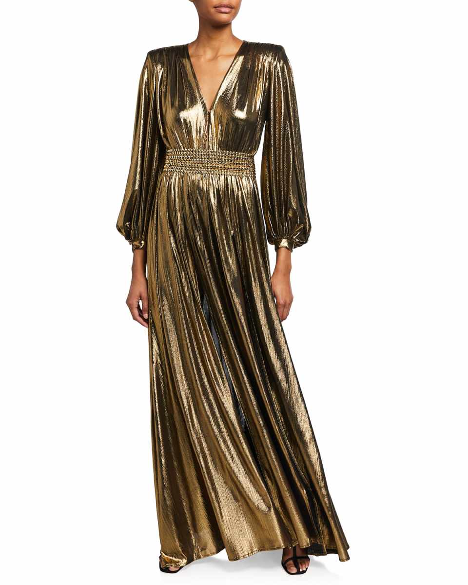 Zoe Metallic Lame Blouson-Sleeve Gown