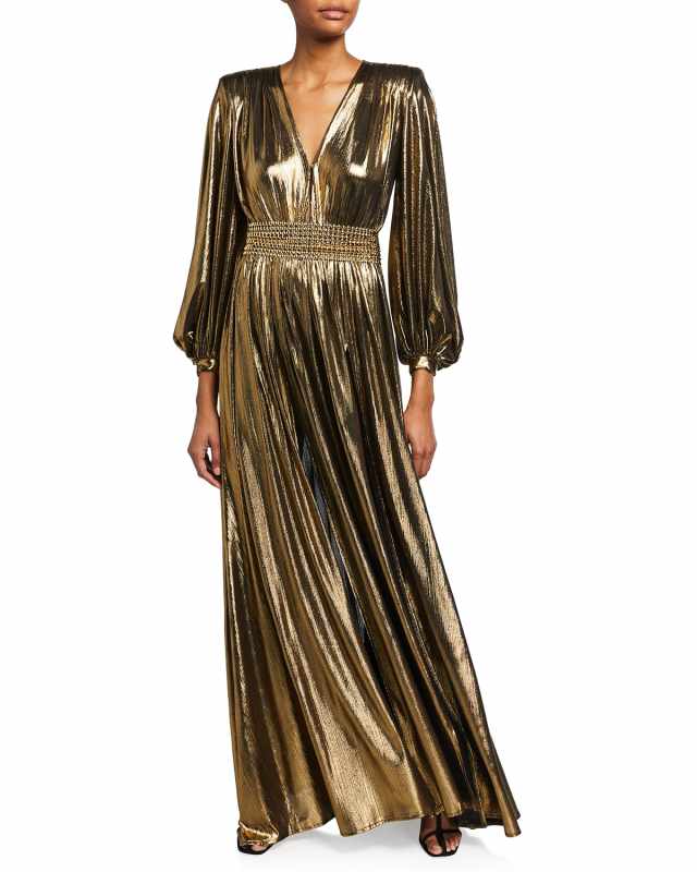 Zoe Metallic Lame Blouson-Sleeve Gown