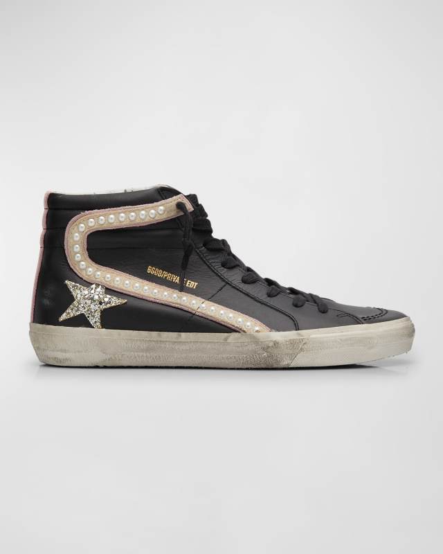 Slide Mid-Top Pearly Stud Leather Sneakers