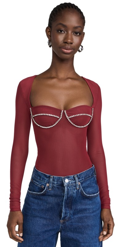 BARDOT Carter Diamante Thong Bodysuit Burgundy