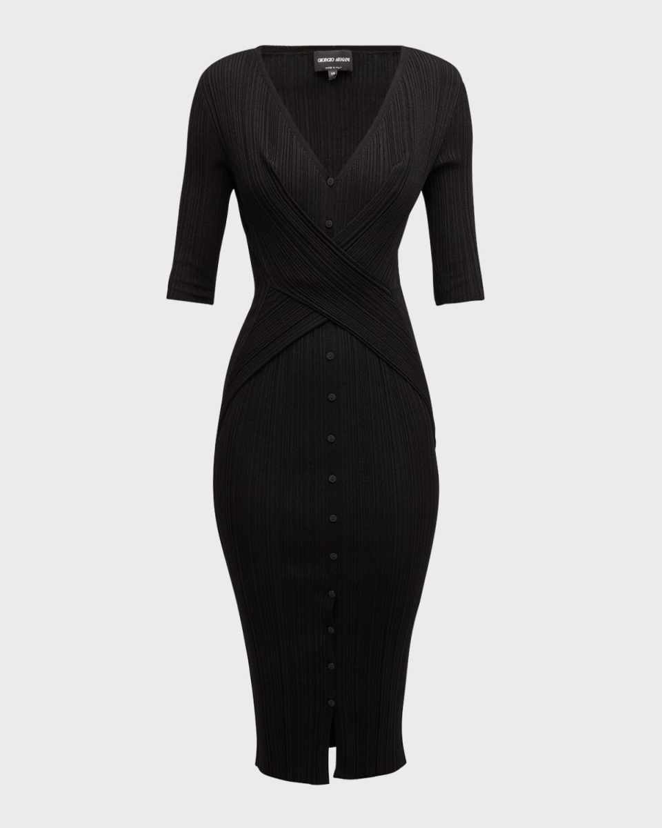 Button Front Ribbed Body-Con Midi Dress