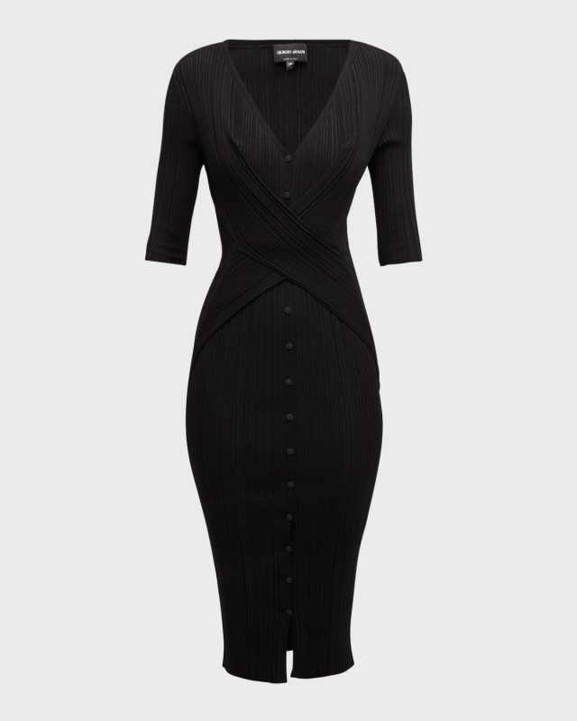 Button Front Ribbed Body-Con Midi Dress