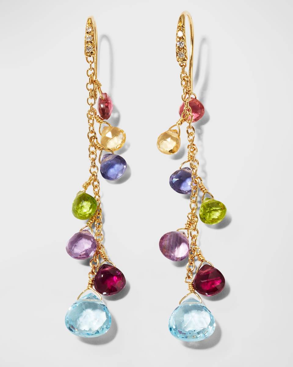 18K Yellow Gold Paradise Long Drop Earrings with Mixed Gems