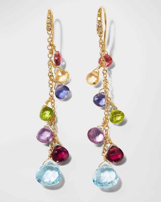 18K Yellow Gold Paradise Long Drop Earrings with Mixed Gems