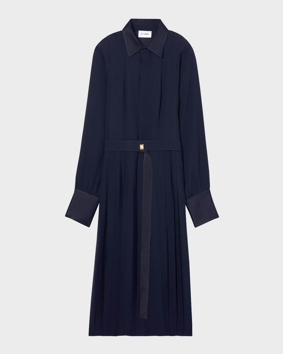 Satin-Back Pleated Crepe Midi Shirtdress With Belt