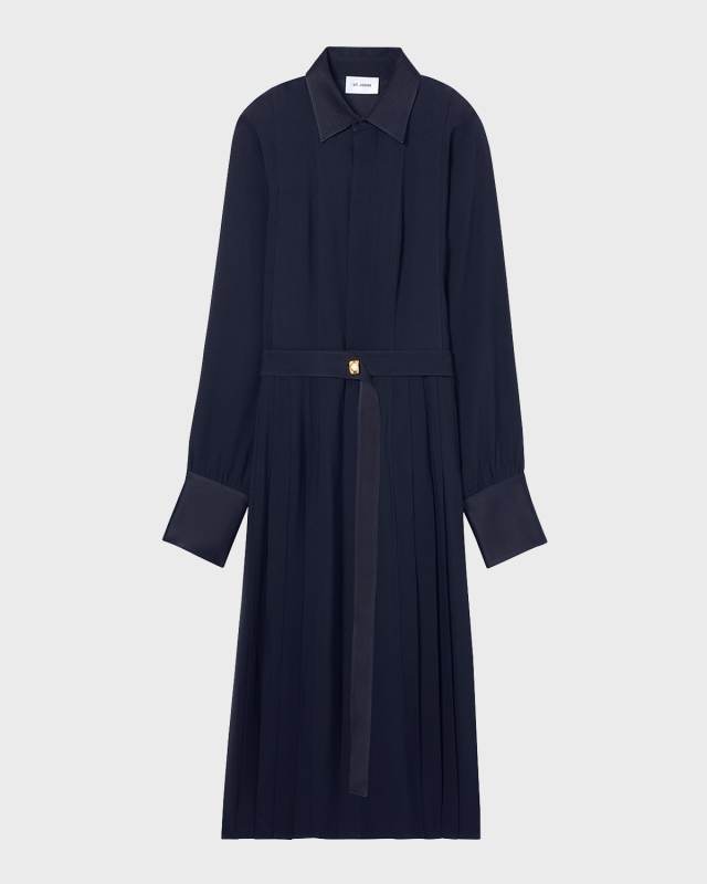 Satin-Back Pleated Crepe Midi Shirtdress With Belt