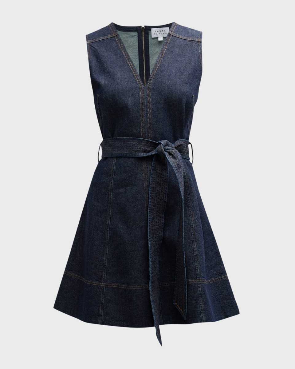 Reina Sleeveless Belted Fit & Flare Denim Mini Dress