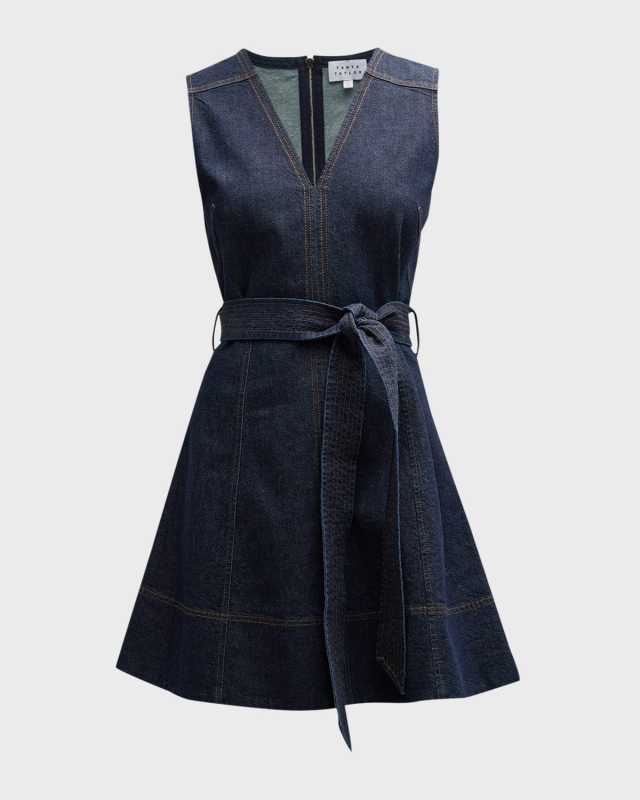 Reina Sleeveless Belted Fit & Flare Denim Mini Dress
