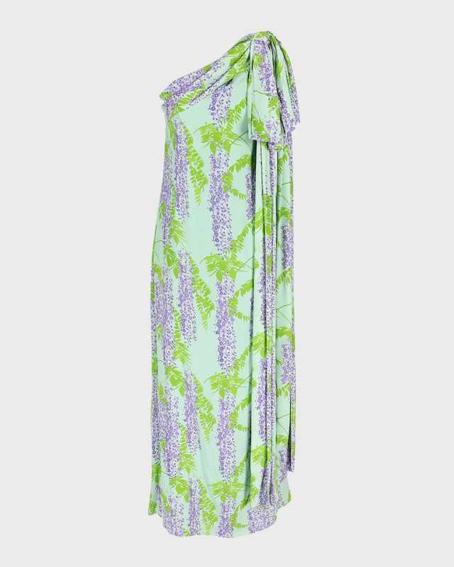 Gala One-Shoulder Wisteria Printed Maxi Dress with Bow Detail