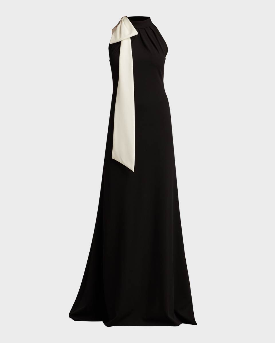 Sleeveless Mock-Neck Bow Crepe Gown
