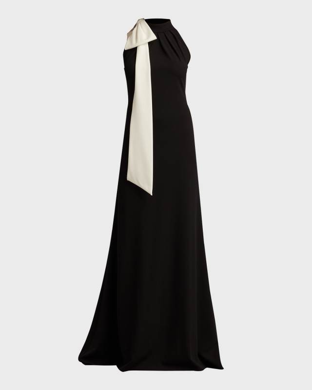 Sleeveless Mock-Neck Bow Crepe Gown