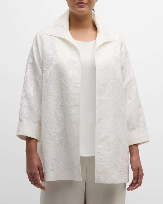 Plus Size Open-Front Floral Jacquard Jacket