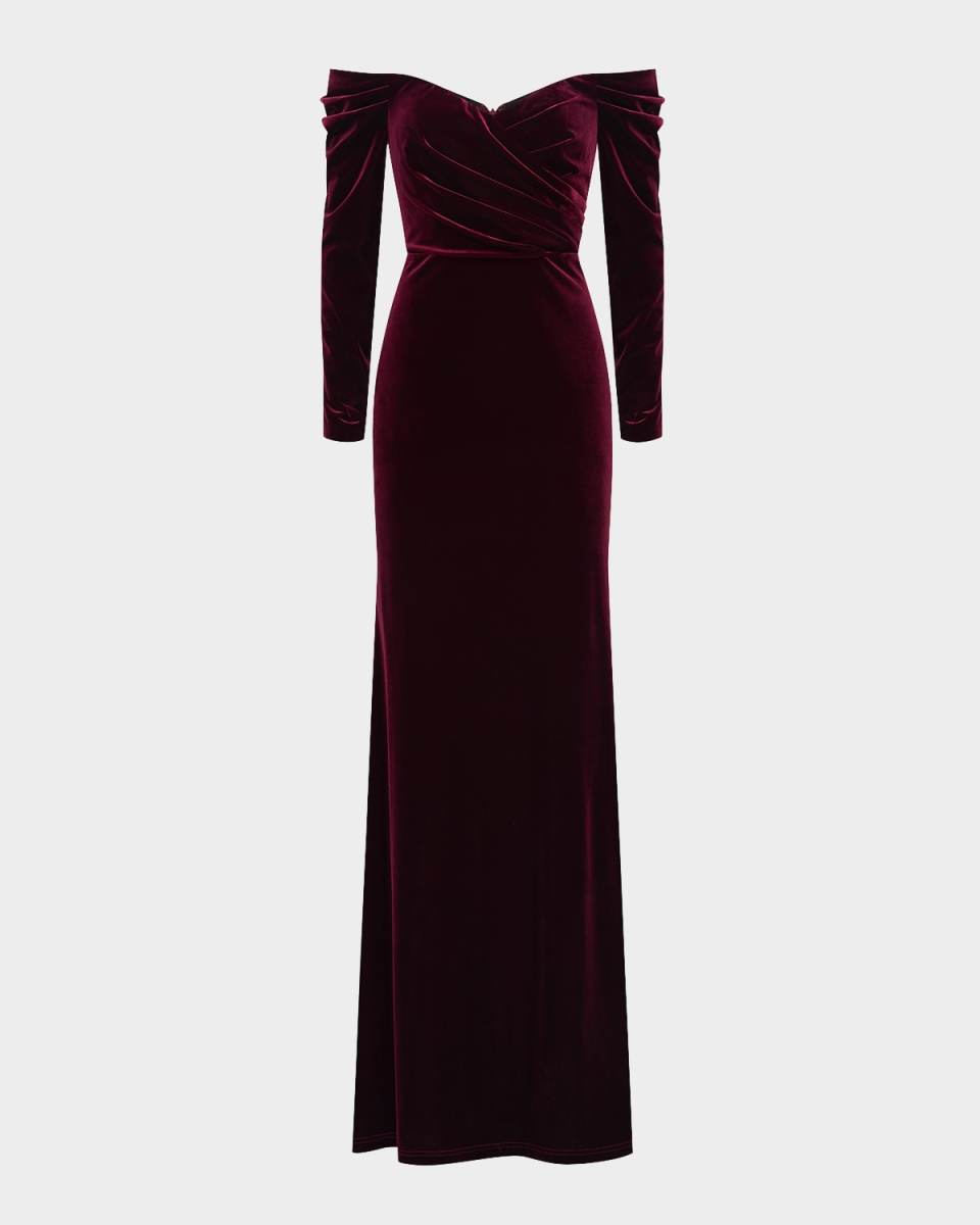 Anita Pleated Off-Shoulder Velvet Gown