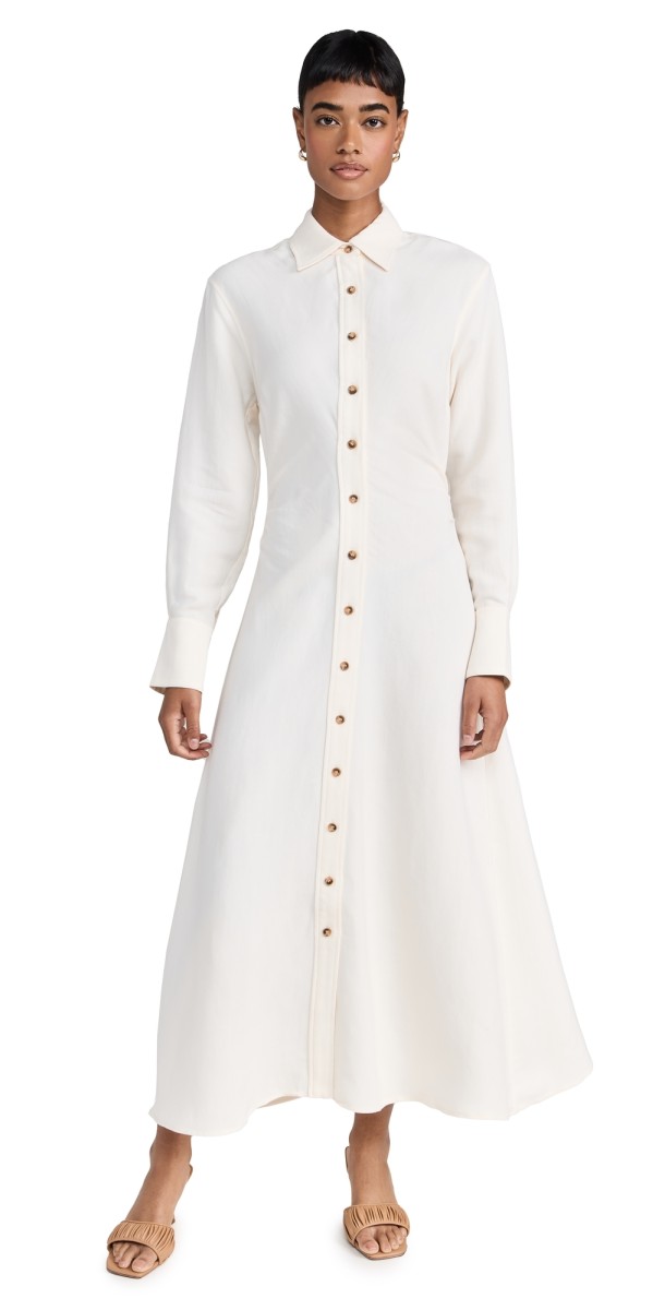 La Ligne Side Pleat Linen Shirt Dress Ivory
